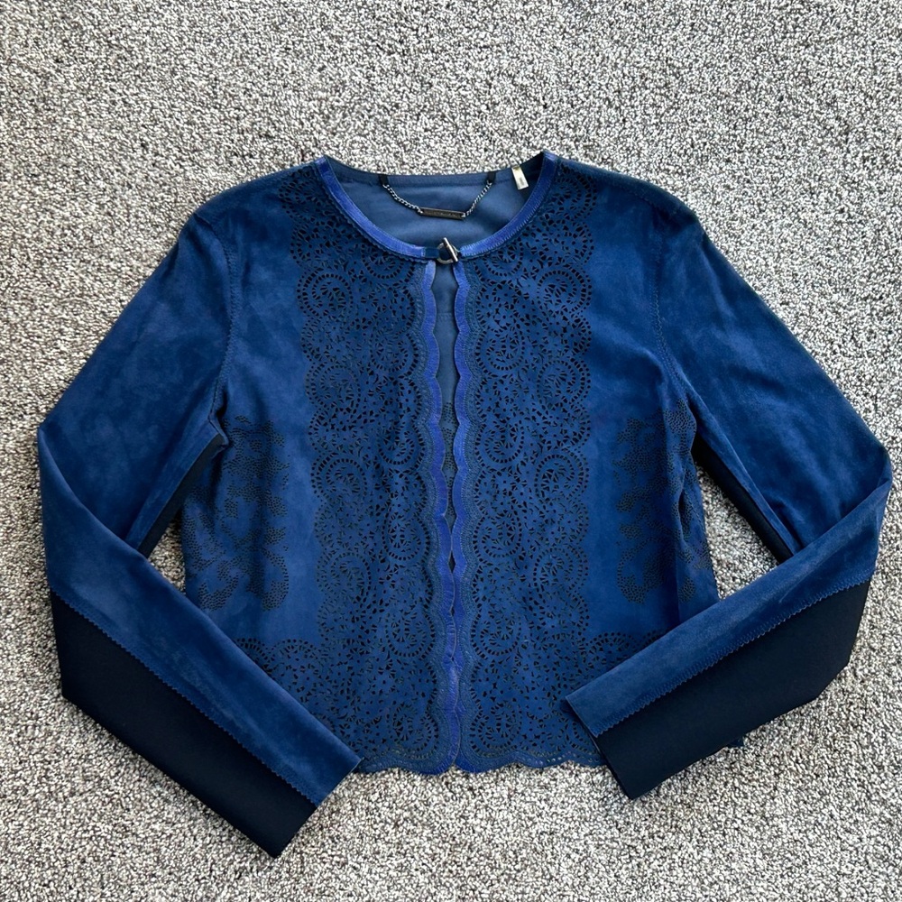 NWOT Elie Tahari Genuine Lamb Suede Blue Laser Cut Round Neck Jacket Size XS